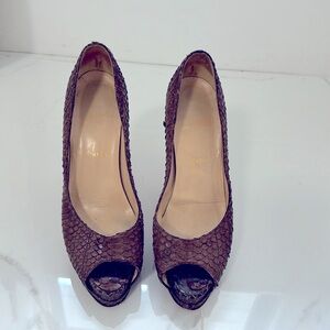 Christian Louboutin size 8.5 38.5 Peep Toe Heel Wedge, brown snake skin leather